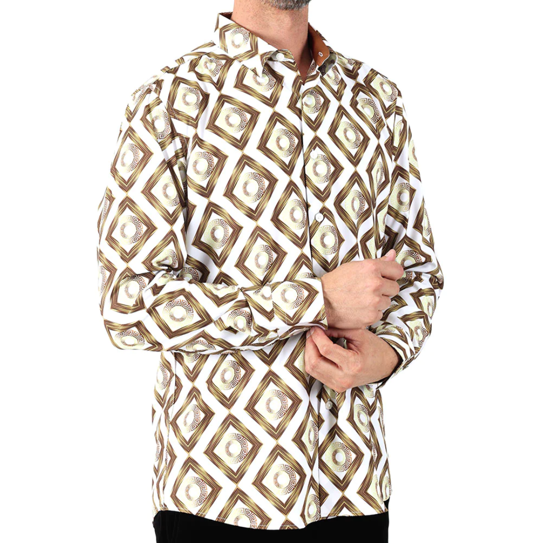 Men's Long Sleeve Button Down Dress Shirt White Black Gold Geometric Tribal All Over Pattern