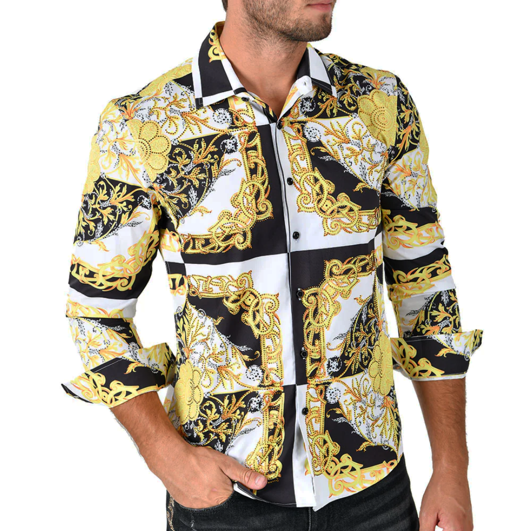 Men's Silky Long Sleeve Button Down Dress Shirt White Black Gold Leaf Chain