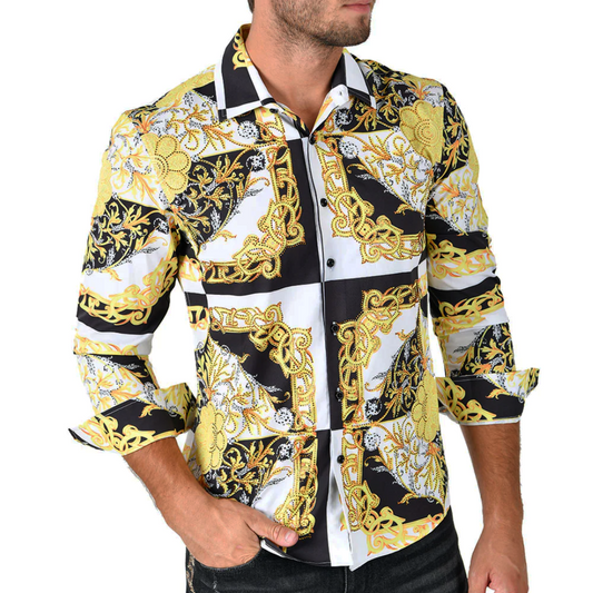 Men's Silky Long Sleeve Button Down Dress Shirt White Black Gold Leaf Chain