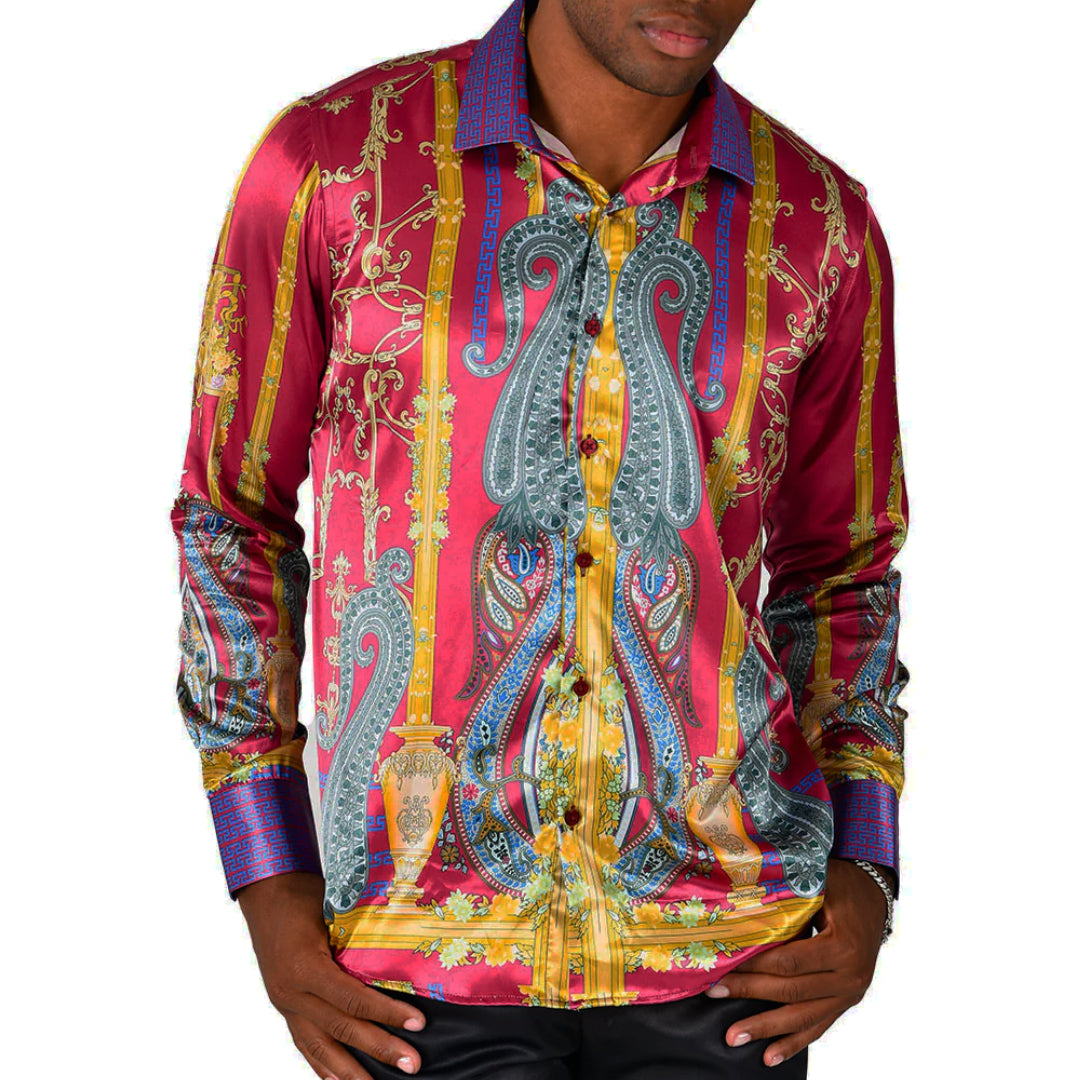 Men's Silky Long Sleeve Button Down Dress Shirt Purple Colorful Large Paisley Jewels