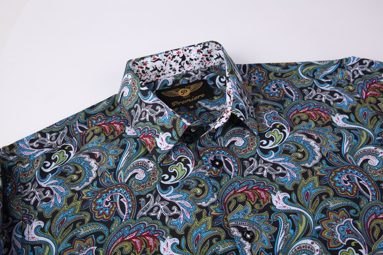 PREMIERE SHORT SLEEVE SHIRTS: MULTICOLOR GREEN PAISLEY