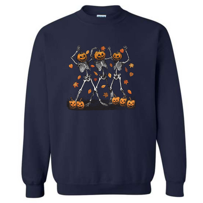 Halloween Pumpkin Skeleton Head Spooky Dancing Crewneck Sweatshirt