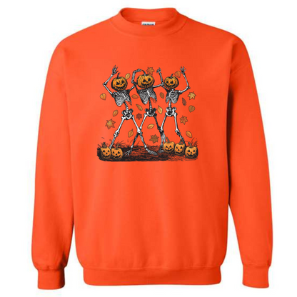 Halloween Pumpkin Skeleton Head Spooky Dancing Crewneck Sweatshirt