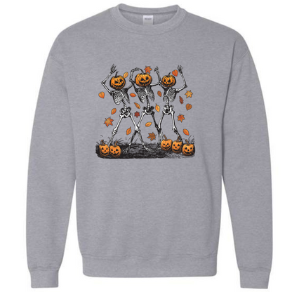 Halloween Pumpkin Skeleton Head Spooky Dancing Crewneck Sweatshirt