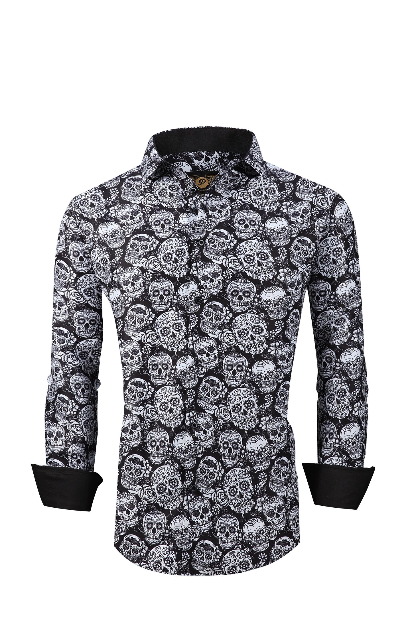 Mens PREMIERE Long Sleeve Button Down Dress Shirt Black White Abstract Skull
