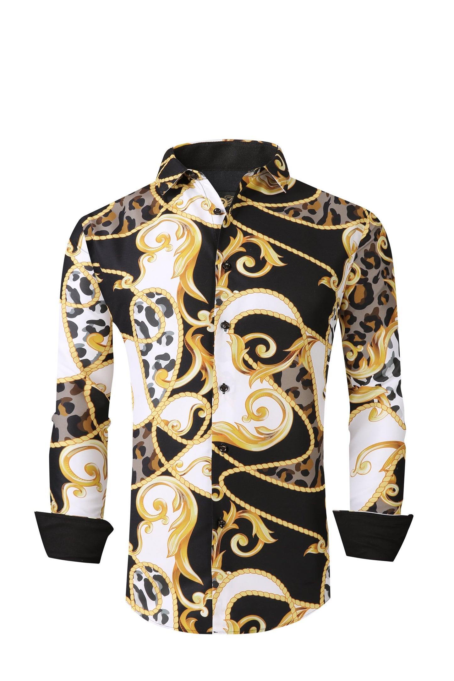 Mens PREMIERE Long Sleeve Button Down Dress Shirt White Black Gold Leaf Abstract