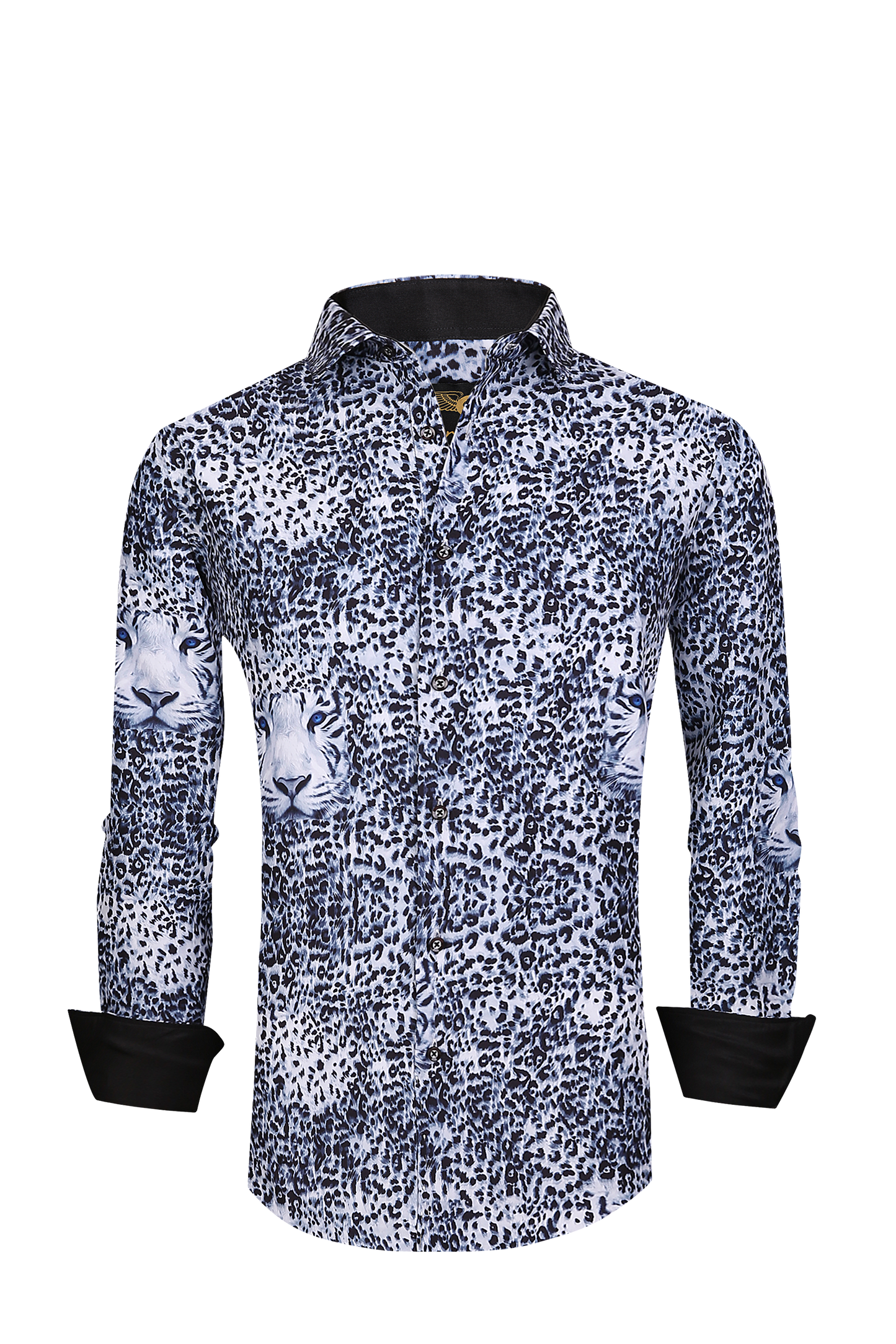 Men PREMIERE Long Sleeve Button Up Dress Shirt White Black Snow Leopard