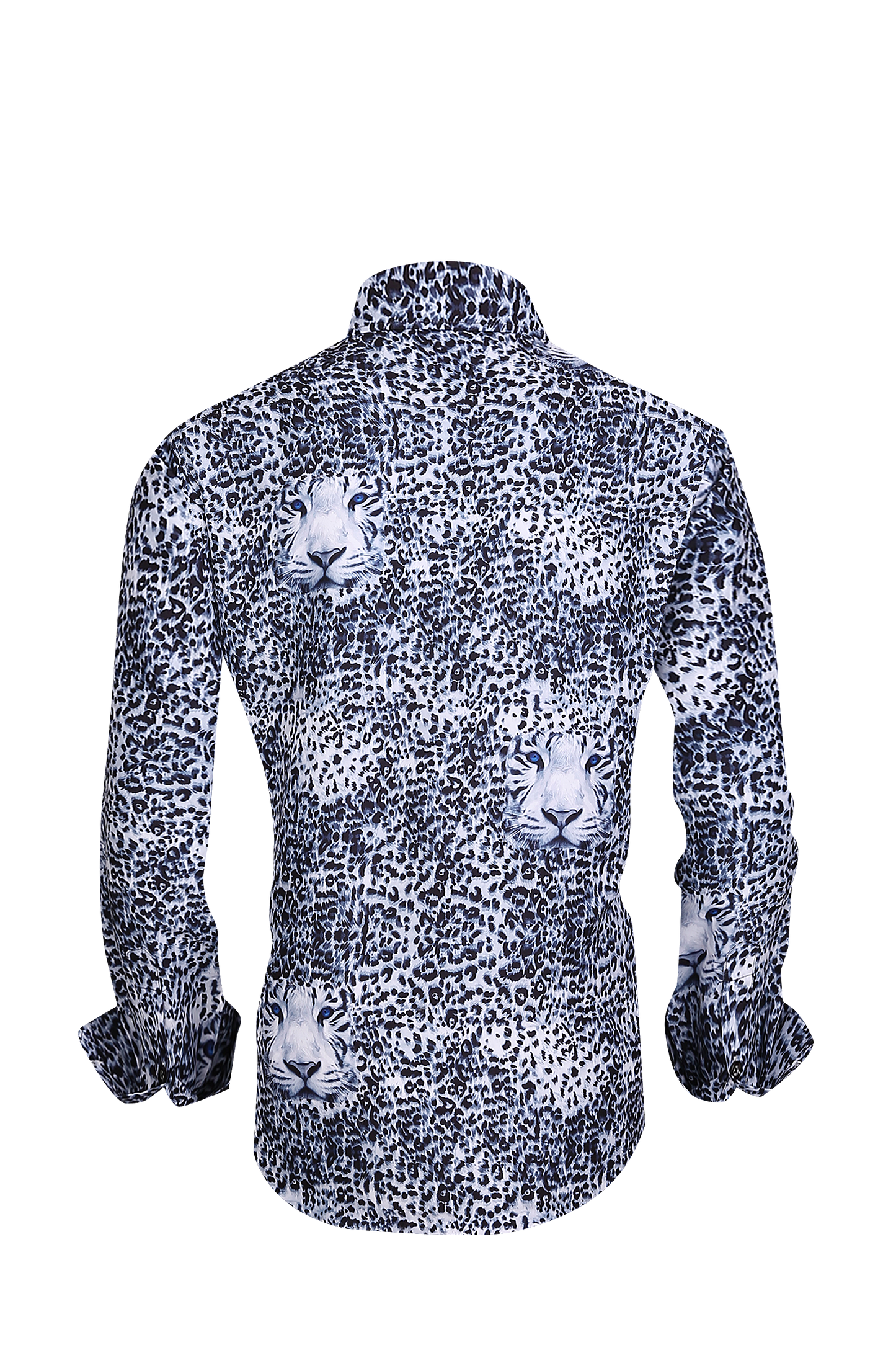 Men PREMIERE Long Sleeve Button Up Dress Shirt White Black Snow Leopard