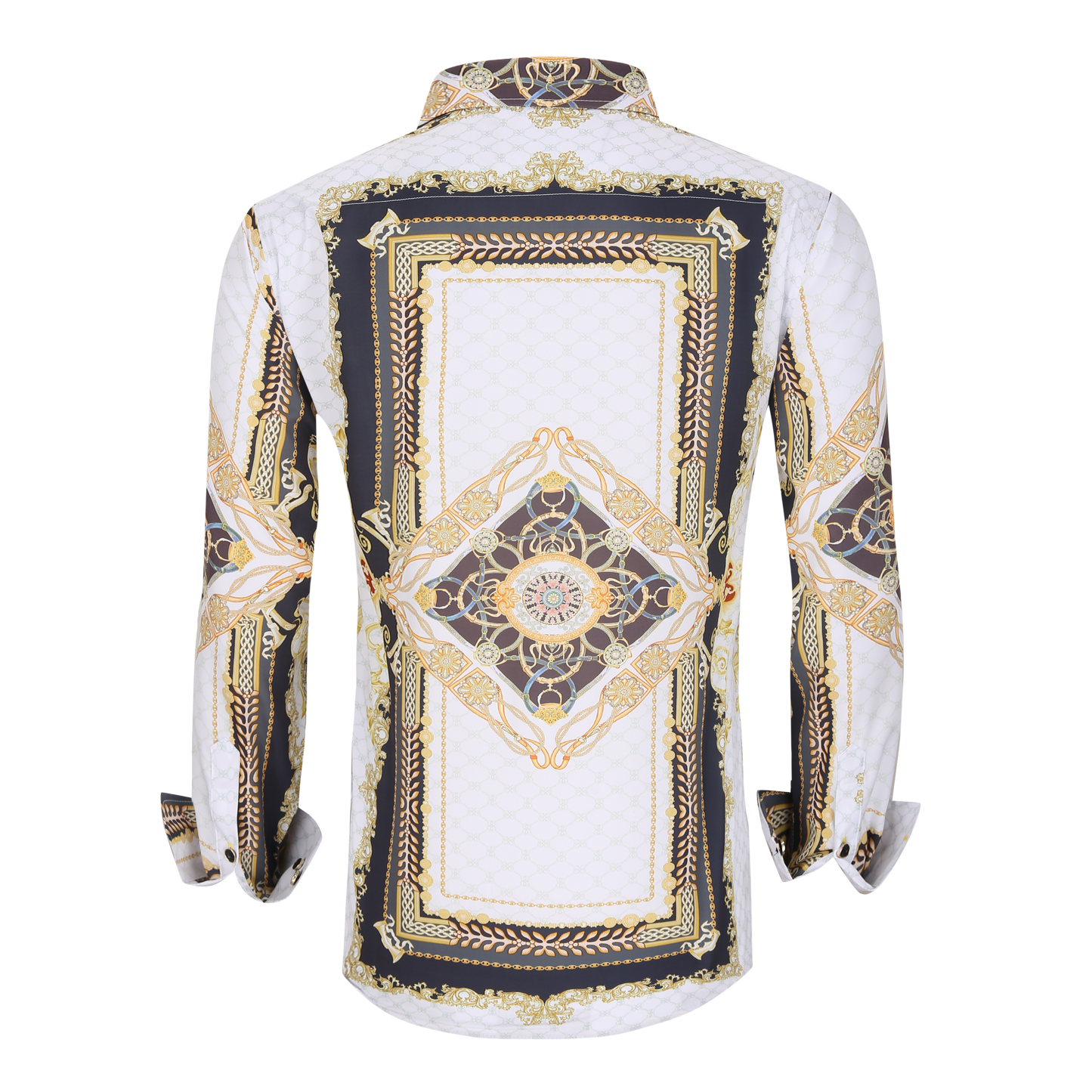 Men's PREMIERE White Gold Black Diamond Paisley Tribal Floral Long Sleeve Button Down Dress Shirt