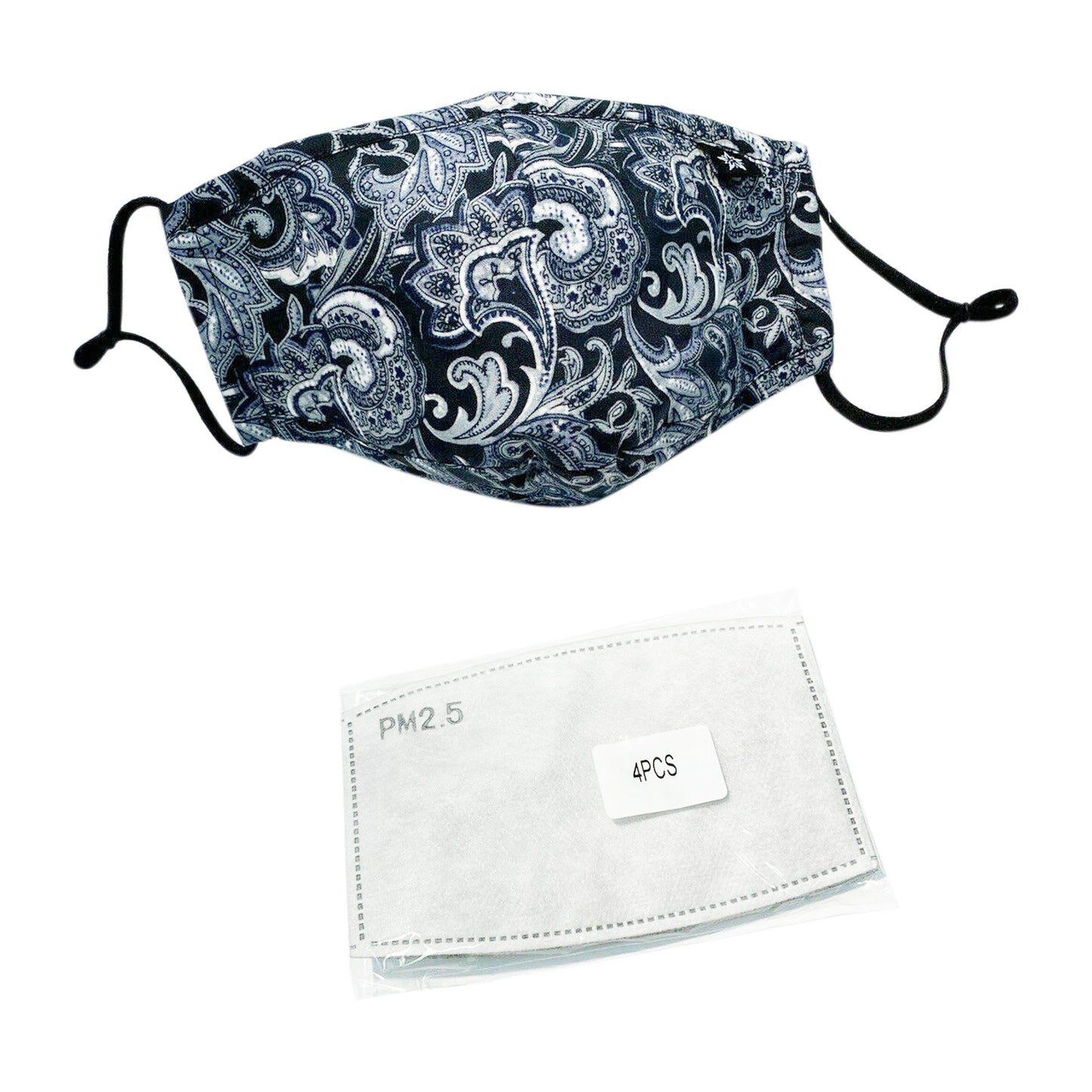 Face Mask Black White Paisley Design Washable with 4 PM2.5 Filters