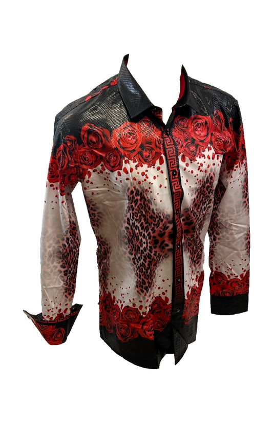 Men's Long Sleeve Button Down Dress Shirt Red White Black Lepard Floral Geometric