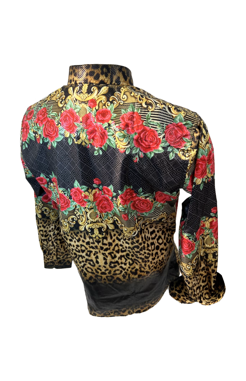 Men's Long Sleeve Button Down Dress Shirt Floral Rose Leopard Black Red Gold
