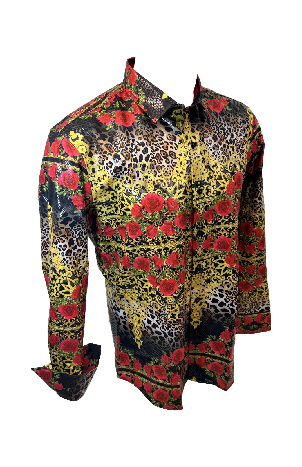 Men's Long Sleeve Button Down Dress Shirt Black Red Gold Floral Rose G