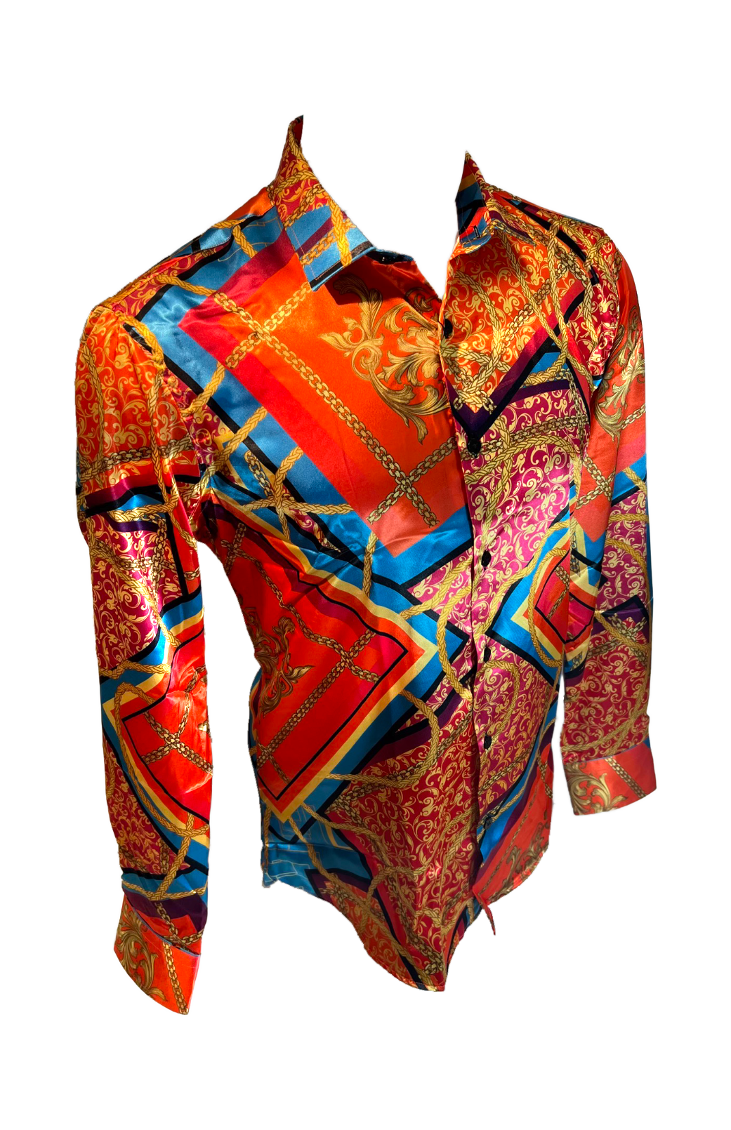 Men's Silky Long Sleeve Button Down Dress Shirt Orange Blue Colorful Leaf Rope Chain