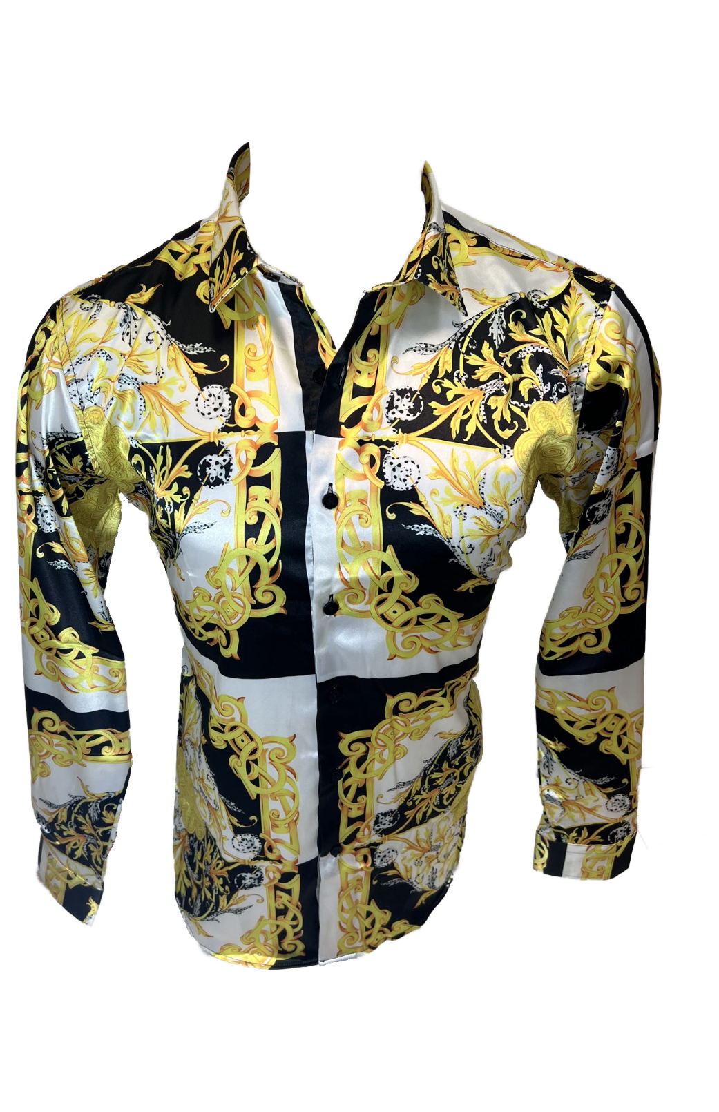 Men's Silky Long Sleeve Button Down Dress Shirt White Black Gold Leaf Chain