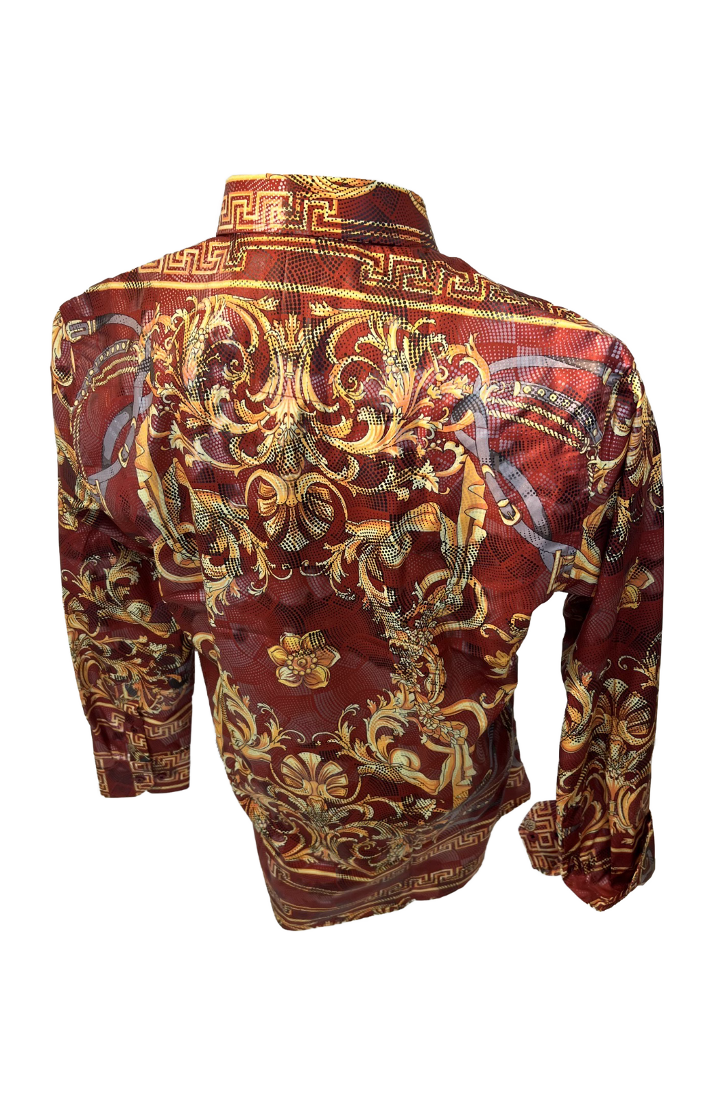 Men's Long Sleeve Button Down Dress Shirt Burgundy Red Gold Jewel Geometric