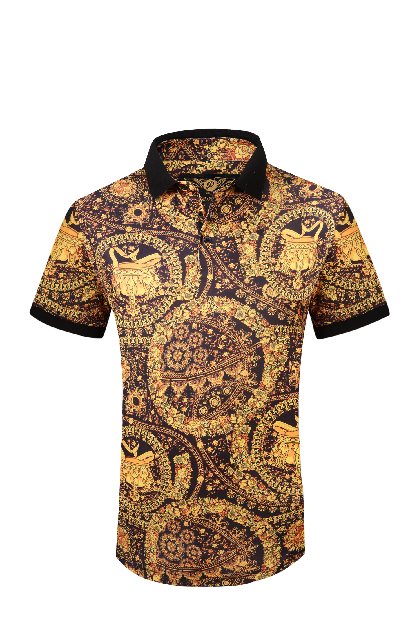 Mens Silky Premiere Polo Short Sleeve Shirt Black Gold Colorful Cown Paisley Casual Golf Shirt