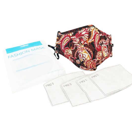 Face Mask Red Paisley Design Washable with 4 PM2.5 Filters