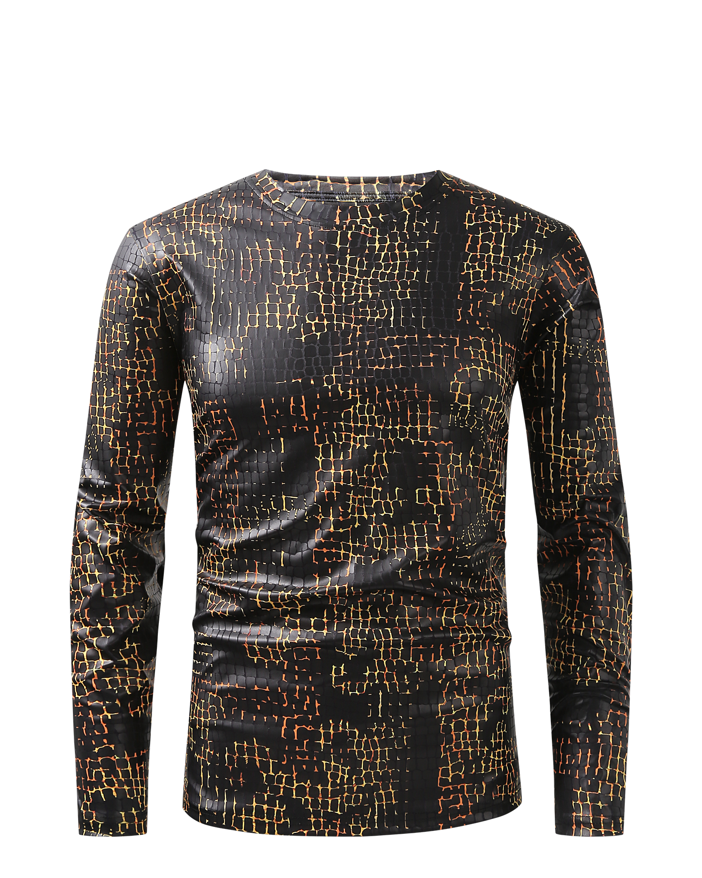 Men PREMIERE SLIM FIT Long Sleeve T SHIRT BLACK GOLD REPTILE CROCODILE SKIN PRINT Designer Shirt