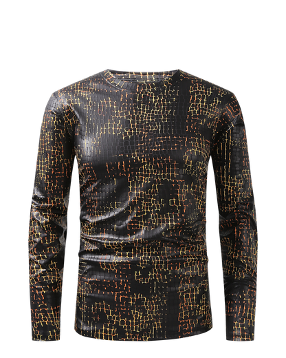 Men PREMIERE SLIM FIT Long Sleeve T SHIRT BLACK GOLD REPTILE CROCODILE SKIN PRINT Designer Shirt