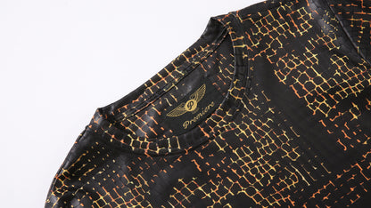 Men PREMIERE SLIM FIT Long Sleeve T SHIRT BLACK GOLD REPTILE CROCODILE SKIN PRINT Designer Shirt