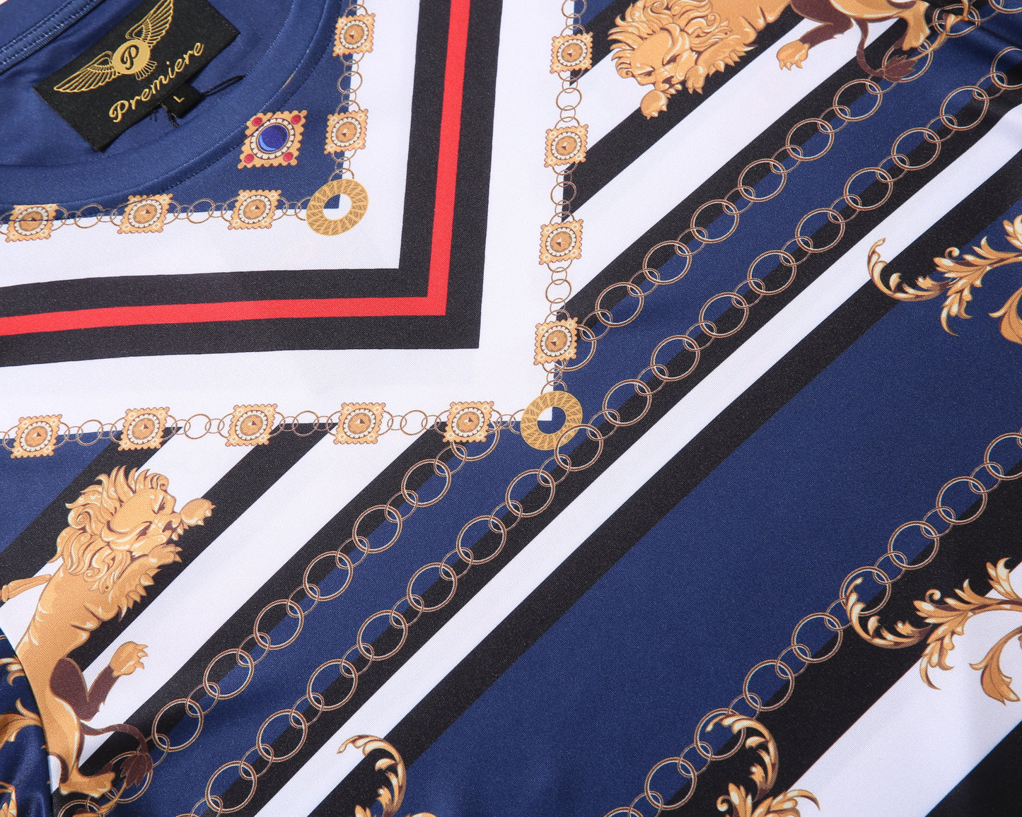 Men PREMIERE SLIM FIT Short Sleeve T SHIRT NAVY BLUE GOLD LION PRINT Designer Shirt