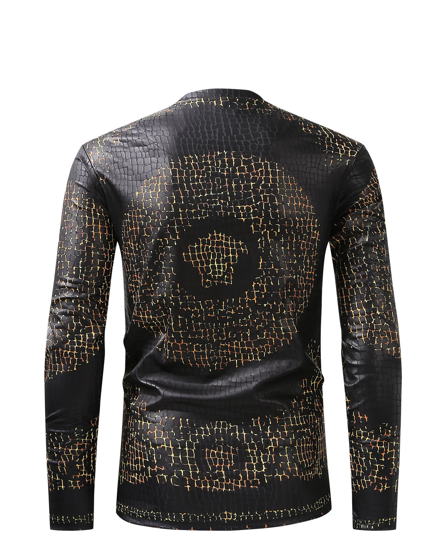 Men PREMIERE SLIM FIT Long Sleeve T SHIRT BLACK GOLD CHAIN REPTILE CROCODILE SKIN PRINT Designer Shirt