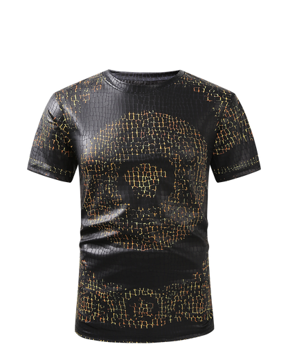 Men PREMIERE SLIM FIT Short Sleeve T SHIRT BLACK GOLD REPTILE CROCODILE SKIN PRINT Designer Shirt