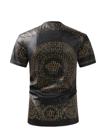 Men PREMIERE SLIM FIT Short Sleeve T SHIRT BLACK GOLD REPTILE CROCODILE SKIN PRINT Designer Shirt