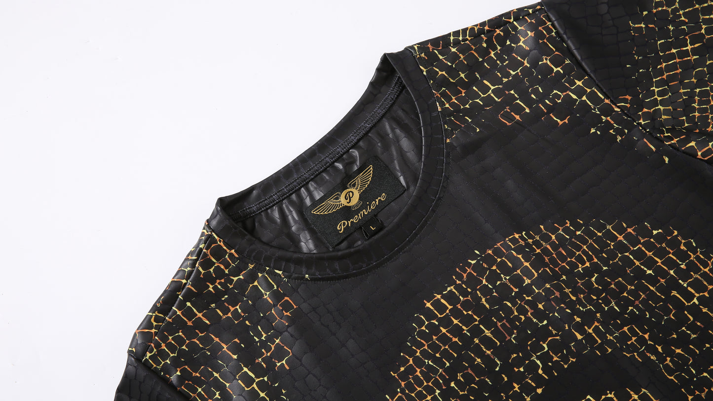Men PREMIERE SLIM FIT Short Sleeve T SHIRT BLACK GOLD REPTILE CROCODILE SKIN PRINT Designer Shirt