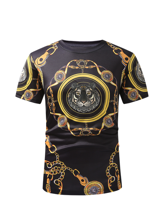 Men PREMIERE SLIM FIT Short Sleeve T SHIRT BLACK GOLD KING LION CHAIN PRINT Designer Shirt