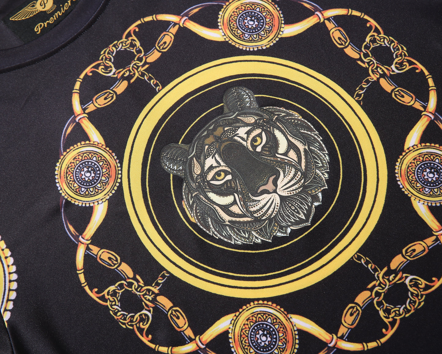 Men PREMIERE SLIM FIT Short Sleeve T SHIRT BLACK GOLD KING LION CHAIN PRINT Designer Shirt
