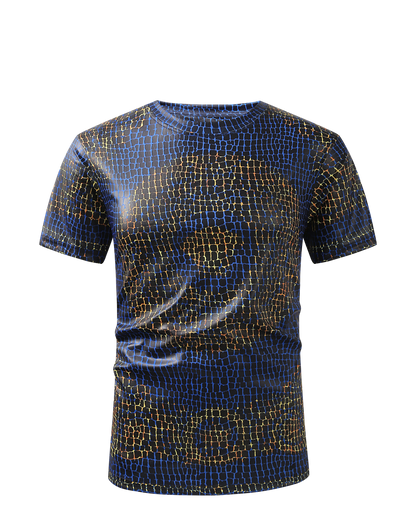 Men PREMIERE SLIM FIT Short Sleeve T SHIRT BLACK BLUE GOLD REPTILE CROCODILE SKIN PRINT Designer Shirt