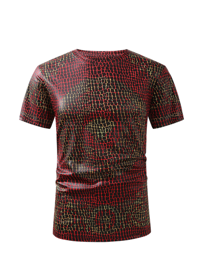 Men PREMIERE SLIM FIT Short Sleeve T SHIRT RED GOLD CHAIN REPTILE CROCODILE SKIN PRINT Designer Shirt