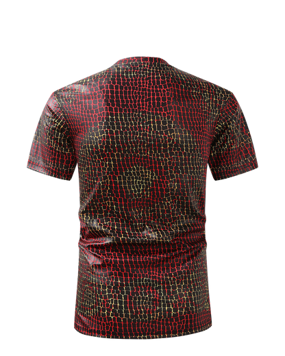 Men PREMIERE SLIM FIT Short Sleeve T SHIRT RED GOLD CHAIN REPTILE CROCODILE SKIN PRINT Designer Shirt