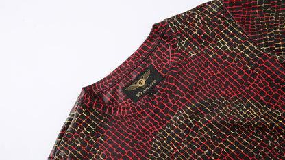 Men PREMIERE SLIM FIT Short Sleeve T SHIRT RED GOLD CHAIN REPTILE CROCODILE SKIN PRINT Designer Shirt