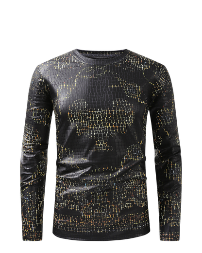 Men PREMIERE SLIM FIT Long Sleeve T SHIRT BLACK GOLD CHAIN CROCODILE REPTILE SKIN PRINT Designer Shirt