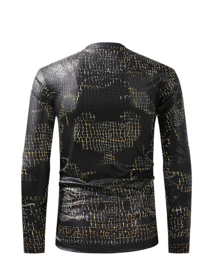 Men PREMIERE SLIM FIT Long Sleeve T SHIRT BLACK GOLD CHAIN CROCODILE REPTILE SKIN PRINT Designer Shirt