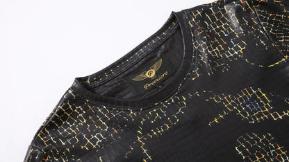 Men PREMIERE SLIM FIT Long Sleeve T SHIRT BLACK GOLD CHAIN CROCODILE REPTILE SKIN PRINT Designer Shirt