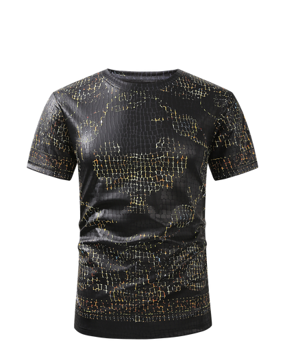 Men PREMIERE SLIM FIT Short Sleeve T SHIRT BLACK GOLD CHAIN CROCODILE REPTILE SKIN PRINT Designer Shirt