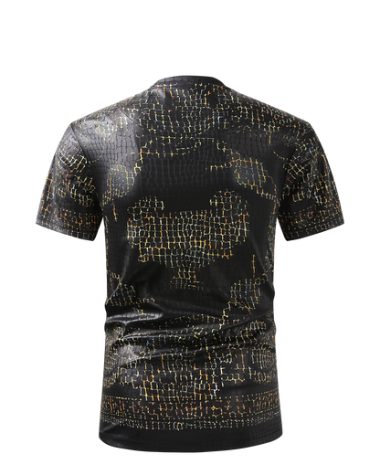 Men PREMIERE SLIM FIT Short Sleeve T SHIRT BLACK GOLD CHAIN CROCODILE REPTILE SKIN PRINT Designer Shirt